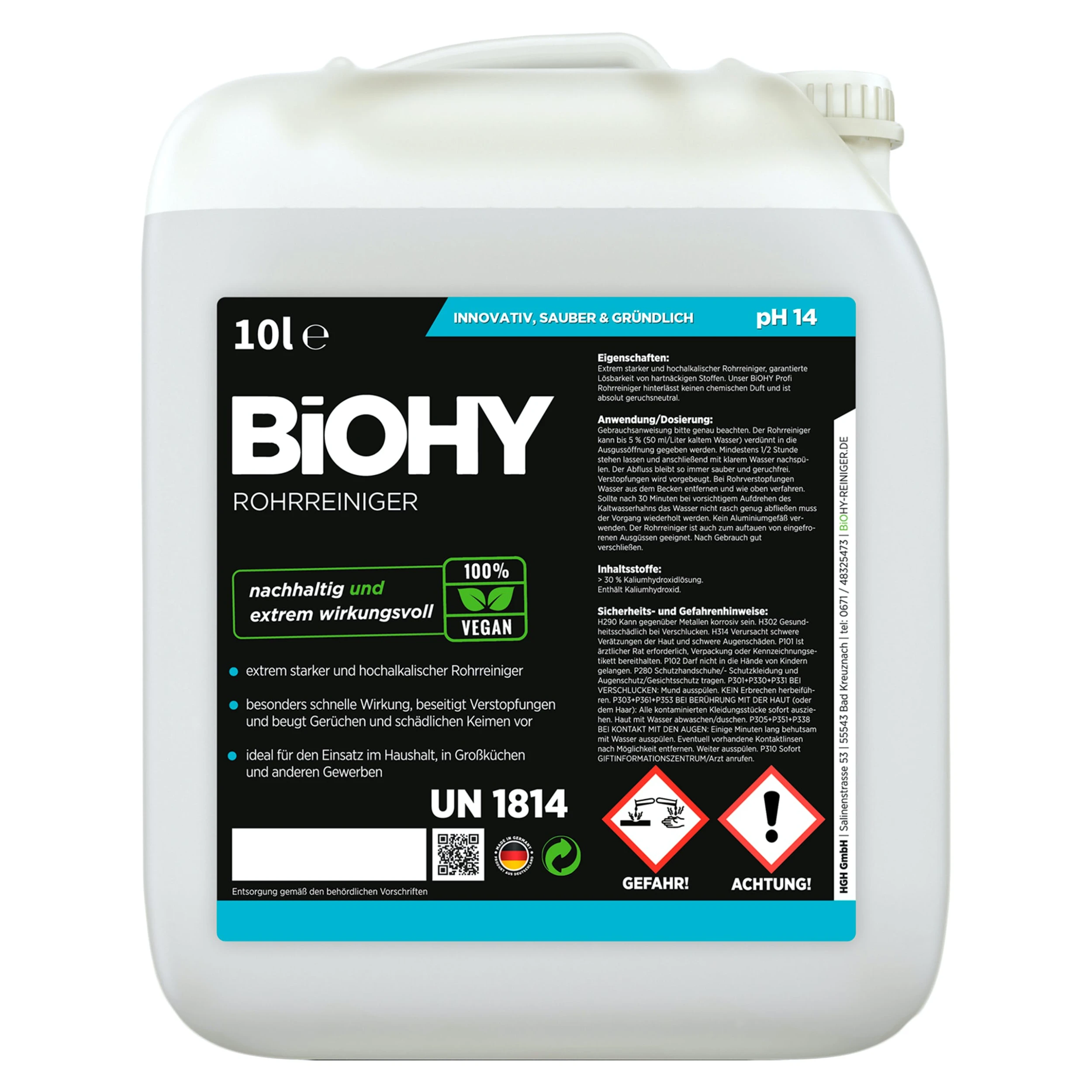BiOHY Rohrreiniger (10l Kanister) | EXTRA STARK | Flüssiger, Hochkonzentrierter Abflussreiniger | Geruchsneutral | Für Alle Verstopfungen 1 BiOHY Rohrreiniger (10l Kanister) | EXTRA STARK | Flüssiger, Hochkonzentrierter Abflussreiniger | Geruchsneutral | Für Alle Verstopfungen