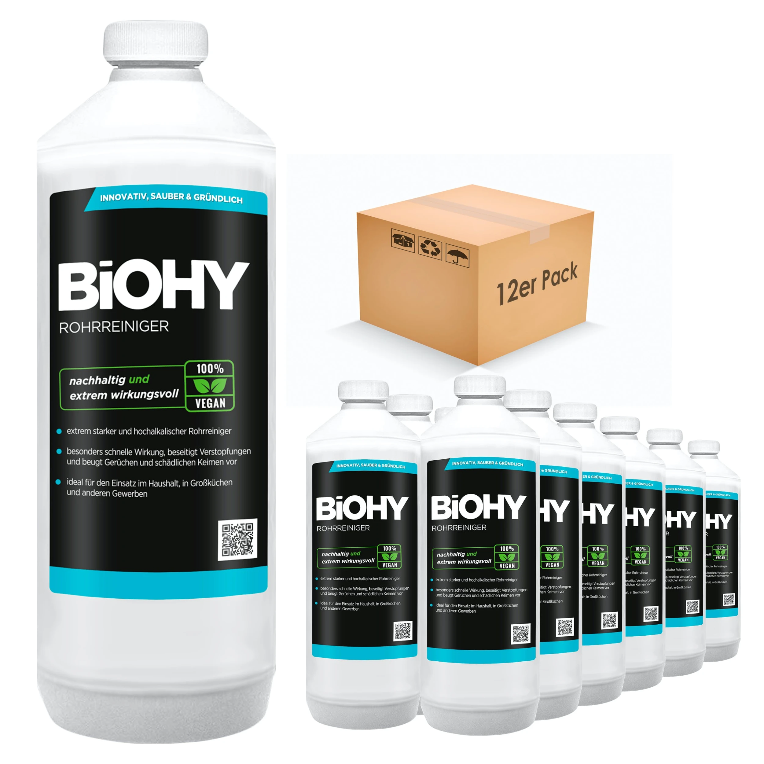 BiOHY Rohrreiniger (12x1l Flasche) | EXTRA STARK | Flüssiger, Hochkonzentrierter Abflussreiniger | Geruchsneutral | Für Alle Verstopfungen 1 BiOHY Rohrreiniger (12x1l Flasche) | EXTRA STARK | Flüssiger, Hochkonzentrierter Abflussreiniger | Geruchsneutral | Für Alle Verstopfungen